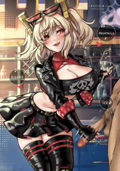 1boy 1girl belt black_gloves black_jacket black_skirt black_thighhighs black_tube_top blonde_hair blush breasts burnice_white censored cleavage cocktail_glass cocktail_shaker commentary cropped_jacket cup drinking_glass english_commentary english_text erection eyewear_on_head fingerless_gloves gloves hair_ornament handjob hetero highres jacket large_breasts licking_lips long_sleeves looking_to_the_side medium_hair midriff penis red_eyes ryuuneart skirt speech_bubble strapless sunglasses testicles thighhighs thighs tongue tongue_out tube_top twintails zenless_zone_zero