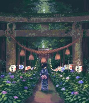 1girl back_bow black_hair blue_flower blue_kimono bow commentary_request flower folded_ponytail from_behind hydrangea japanese_clothes kimono lantern meanstreet original outdoors paper_lantern pavement pink_bow pink_flower rope scenery shimenawa short_hair shrine solo standing stone_torii torii tree white_flower wide_shot