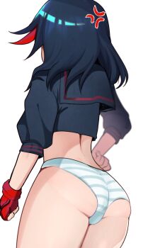 1girl absurdres anger_vein arm_at_side ass ass_focus black_hair black_shirt blue_panties cowboy_shot cropped_shirt female_focus fingerless_gloves from_behind gloves hand_on_own_hip highres huge_ass kill_la_kill long_hair matoi_ryuuko meemz_a multicolored_hair panties red_gloves red_hair red_shirt shirt short_sleeves simple_background solo standing striped_clothes striped_panties two-tone_hair two-tone_shirt underwear white_background