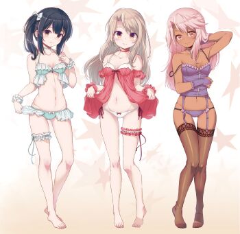 3girls 40hara absurdres barefoot blush breasts brown_eyes chloe_von_einzbern choker collarbone dark-skinned_female dark_skin fate/kaleid_liner_prisma_illya fate_(series) female_focus full_body garter_straps gluteal_fold groin hair_ornament highres illyasviel_von_einzbern lingerie loli long_hair looking_at_viewer miyu_edelfelt multiple_girls off_shoulder official_art pink_hair promotional_art resized side_ponytail small_breasts smile standing strap_slip tagme take_your_pick thigh_gap thigh_strap thighhighs third-party_edit toes underwear upscaled