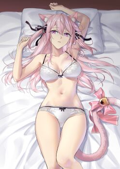 1girl absurdres aged_up animal_ear_fluff animal_ears armpits arms_up azur_lane bed_sheet bell bow bow_panties bra breasts cat_ears cat_girl cat_tail cleavage commission from_above hair_bow highres jingle_bell kisaragi_(azur_lane) long_hair looking_at_viewer medium_breasts navel on_bed panties parted_lips pillow pink_hair pixiv_commission purple_eyes red_bow solo suprii tail tail_bell tail_bow tail_ornament thigh_gap two_side_up underwear underwear_only white_bra white_panties