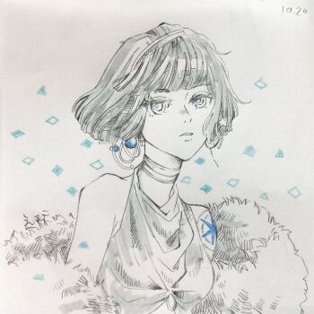 Rule 34 | 1girl, blue eyes, blunt bangs, blunt ends, bob cut, choker, colored pencil (medium), commentary request, dated, earrings, emu (bleudoux r), feather boa, graphite (medium), jewelry, looking at viewer, marker (medium), mercuria (reverse:1999), parted lips, reverse:1999, short hair, shoulder tattoo, solo, spot color, tank top, tattoo, traditional media, upper body