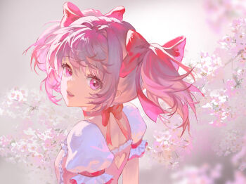 1girl back_cutout blurry blurry_foreground bow bow_choker branch center_frills cherry_blossoms chinese_commentary choker clothing_cutout commentary_request dress eyelashes floral_background flower frilled_dress frilled_sleeves frills hair_between_eyes hair_bow hair_intakes happy heart_cutout hei_yu highres kaname_madoka lips looking_at_viewer looking_back magical_girl mahou_shoujo_madoka_magica mahou_shoujo_madoka_magica_(anime) open_mouth pink_bow pink_dress pink_eyes pink_flower pink_hair pink_lips puffy_short_sleeves puffy_sleeves red_bow red_choker short_hair short_sleeves short_twintails shoulder_blades smile solo square_neckline teeth twintails upper_body upper_teeth_only white_background white_sleeves