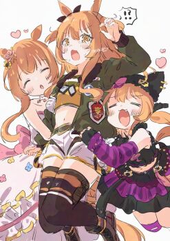 !? 3girls @_@ alternate_costume animal_ears arm_hug bare_shoulders black_hat black_thighhighs brown_shoes commentary_request dog_tags dress fang green_jacket hat highres horse_ears horse_girl horse_tail jacket long_hair mayano_top_gun_(rockin&#039;_mewmeow)_(umamusume) mayano_top_gun_(scramble_zone)_(umamusume) mayano_top_gun_(sunlight_bouquet)_(umamusume) mayano_top_gun_(umamusume) midriff multiple_girls multiple_persona navel open_mouth orange_eyes orange_hair potarou_pomi shoes shorts simple_background spoken_interrobang strapless strapless_dress tail thighhighs umamusume wedding_dress white_background white_dress white_shorts