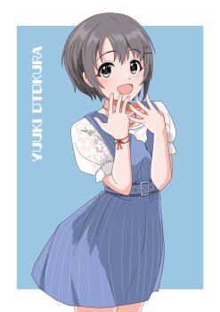 1girl belt blue_background blue_dress blush character_name commentary_request dress hair_ornament hairclip hands_up highres idolmaster idolmaster_cinderella_girls illustscody jewelry looking_at_viewer necklace otokura_yuuki short_hair short_sleeves solo standing