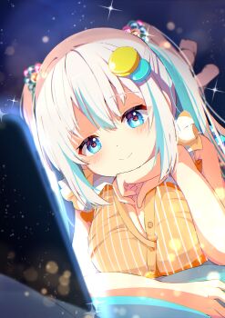 1girl absurdres blue_eyes blue_hair blurry blush breasts cleavage closed_mouth commission computer depth_of_field feet_up food-themed_hair_ornament hair_between_eyes hair_ornament hand_on_own_chin head_rest highres laptop large_breasts long_hair looking_at_viewer lying multicolored_hair on_stomach orange_shirt original shiro9jira shirt sidelocks skeb_commission sleeveless sleeveless_shirt smile solo sparkle streaked_hair striped_clothes striped_shirt symbol-shaped_pupils the_pose twintails two-tone_hair vertical-striped_clothes vertical-striped_shirt virtual_youtuber white_hair