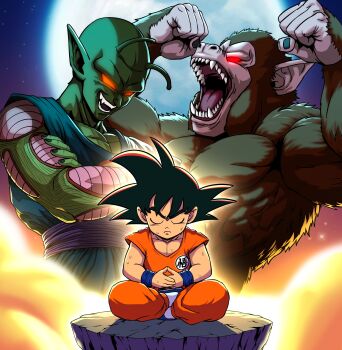 2boys absurdres antennae ape black_hair body_fur brown_fur child closed_eyes colored_sclera colored_skin dougi dragon_ball dragon_ball_(classic) fangs full_moon glowing glowing_eyes goku_day green_skin highres male_focus meditation monkey moon multiple_boys muscular muscular_male oozaru open_mouth orange_pants orange_shirt pants pea-bean piccolo_daimaou pointy_ears red_eyes red_sclera shirt spiked_hair