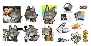 animal_ears black_gloves blue_eyes chibi chibi_only ghost_(tama) gloves grey_hair gun handgun highres holding holding_instrument holding_violin instrument long_hair multiple_expressions orange_eyes original violin weapon wolf