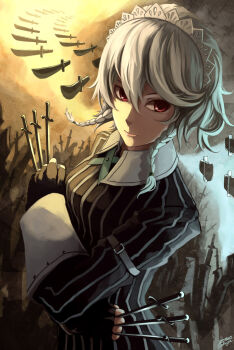 Rule 34 | 1girl, alternate costume, backlighting, braid, commentary, dress, fingerless gloves, floating, floating object, gloves, highres, holding, izayoi sakuya, knife, koumajou densetsu, maid, maid headdress, photoshop (medium), red eyes, revision, signature, solo, striped clothes, striped dress, touhou, twin braids, white hair, zen (jirakun)