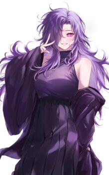 1girl black_skirt blush breasts bright_pupils commentary cowboy_shot dress eyelashes hair_over_one_eye hand_up highres jacket long_hair long_sleeves medium_breasts mole mole_under_eye mole_under_mouth original pink_eyes pleated_skirt purple_eyes purple_hair purple_jacket purple_nails purple_shirt shino_(ulularts) shirt simple_background single_bare_shoulder skirt sleeveless sleeveless_shirt slit_pupils smile solo symbol-only_commentary teeth ulularts v white_background white_pupils wide_sleeves