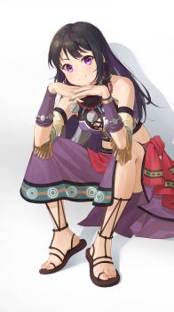 1girl absurdres bead_necklace beads black_hair breasts cleavage closed_mouth colored_inner_hair commission cosplay crop_top dancer duang_(user_tsag8258) earrings eiyuu_densetsu elbows_on_knees full_body gold_earrings hibike!_euphonium highres hoop_earrings interlocked_fingers jewelry kousaka_reina looking_at_viewer medium_breasts multicolored_hair necklace own_hands_together pixiv_commission purple_eyes purple_hair purple_sarong sandals sarong scherazard_harvey scherazard_harvey_(cosplay) simple_background sitting smile solo sora_no_kiseki voice_actor_connection white_background