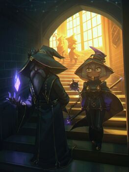 1boy 3girls absurdres armor beard cloak crystal day facial_hair fahrinos_(porforever) fantasy flail_witch_(porforever) grey_hair hat highres holding holding_flail holding_staff holding_weapon indoors magic multiple_girls old old_man original porforever robe staff stairs weapon window window_light witch_hat wizard wizard_hat yellow_eyes