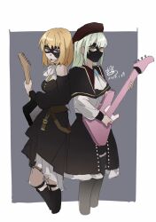 Rule 34 | 2girls, ascot, bang dream!, bang dream! it&#039;s mygo!!!!!, bass guitar, black capelet, black dress, black mask, black pantyhose, black skirt, black socks, blonde hair, border, capelet, clothing cutout, commentary, dated, domino mask, dress, electric guitar, feet out of frame, green hair, grey background, guitar, hashtag-only commentary, hat, highres, holding, holding bass guitar, holding guitar, holding instrument, instrument, long hair, looking at viewer, mask, medium hair, misumi uika, multiple girls, outside border, pantyhose, purple eyes, red hat, shirt, shoulder cutout, signature, simple background, skirt, socks, tok8505 (erica), wakaba mutsumi, white ascot, white border, white shirt, wireless microphone