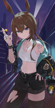 1girl absurdres amiya_(arknights) animal_ears arknights asymmetrical_legwear bare_shoulders belt belt_buckle between_fingers black_belt black_choker black_jacket black_nails black_pantyhose black_shorts black_thighhighs blue_eyes breasts brown_hair buckle candy character_doll choker cleavage cowboy_shot crossed_bangs doctor_(arknights) doll dragon_bubble_(arknights) fingernails food hair_between_eyes hand_on_own_hip highres holding holding_candy holding_food holding_lollipop jacket jewelry lollipop long_hair medium_breasts midriff multiple_rings nail_polish navel panty_straps pantyhose ring ring_on_every_finger shorts shoulder_tattoo single_leg_pantyhose single_thighhigh sleeveless solo sports_bra standing tattoo thighhighs torn_clothes torn_pantyhose uneven_legwear white_sports_bra yorei_8338