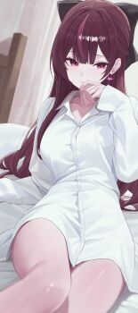 Rule 34 | 1girl, absurdres, bow, breast pocket, collared shirt, dress shirt, hair bow, highres, jururu, long hair, long sleeves, looking at viewer, multicolored hair, pocket, purple eyes, purple hair, sei (0724sei6), shirt, sitting, solo, streaked hair, thighs, virtual youtuber, waktaverse, white shirt