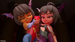 2girls ahoge animal_print animated bare_shoulders bat_print blue_pantyhose brown_gloves brown_hair chara_(undertale) closed_mouth clothing_cutout cosplay dark-skinned_female dark_skin darkstalkers demon_girl demon_wings elbow_gloves female_focus female_frisk_(undertale) fingerless_gloves frisk_(undertale) gloves head_wings heart highres kitrosun lilith_(darkstalkers) lilith_(darkstalkers)_(cosplay) lips loli looking_at_viewer looping_animation morrigan_aensland morrigan_aensland_(cosplay) multiple_girls off_shoulder one_eye_closed pantyhose parted_lips purple_gloves purple_pantyhose red_eyes short_hair smile stomach_cutout teeth undertale upper_body utdr_(toby_fox) video wings yellow_eyes