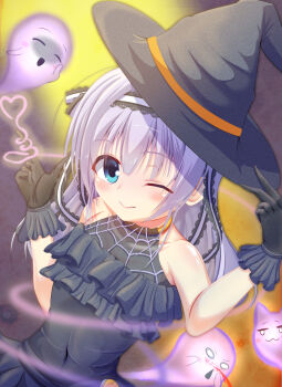 1girl ;) alternate_costume amagiri_yune amairo_islenauts aroused_nosebleed bare_shoulders black_dress black_gloves black_hat blood blue_eyes blue_hair blunt_bangs blush blush_stickers breasts closed_mouth collarbone commentary_request covered_navel cowboy_shot dress dutch_angle eyes_visible_through_hair film_grain frilled_dress frills ghost gloves hair_between_eyes hairband halloween halloween_costume hand_on_headwear hands_up hat hat_ribbon heart highres index_finger_raised lace-trimmed_hairband lace_trim long_hair looking_at_viewer masaki_gaillard mirukyi64 nosebleed o_o one_eye_closed orange_ribbon ribbon shiraga_airi shirley_warwick sidelocks sleeveless sleeveless_dress small_breasts smile solo spider_web_print tareme white_hairband witch witch_hat