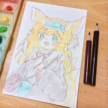 Rule 34 | 1girl, absurdres, animal ears, arknights, art tools in frame, bag, blonde hair, blue hairband, blue skirt, fox ears, fox girl, fox tail, frilled hairband, frills, green eyes, hairband, haru (aona1122), highres, long hair, long sleeves, neck ribbon, official alternate costume, open clothes, open mouth, photo (medium), red ribbon, ribbon, shoulder bag, skirt, solo, suzuran (arknights), suzuran (spring praise) (arknights), tail, traditional media