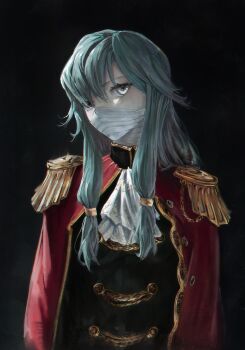 #black #blue #light #one #red 1girl armor black_eyes black_shirt blue_hair blush dybala41 eyelashes gold_armor grey_eyes gunko handkerchief highres jacket long_hair looking_at_viewer mask mouth_mask multicolored_eyes one_piece red_jacket shirt
