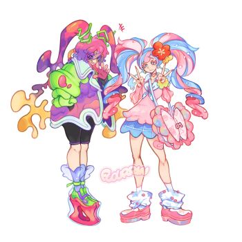 2girls ? black_jumpsuit blonde_hair blue_eyes blue_hair blue_skirt bow-shaped_bag choker coat collared_sweater fairy_miku_(project_voltage) flourrin flower full_body gloves gradient_coat green_sleeves grin hair_flower hair_ornament hatsune_miku heart heart_choker highres jumpsuit long_hair long_sleeves looking_at_viewer loose_socks multicolored_coat multicolored_hair multiple_girls neckerchief nintendo pink_bag pink_choker pink_gloves pink_hair pink_nails pink_shoes pink_sweater platform_shoes poison_miku_(project_voltage) pokemon project_voltage purple-tinted_eyewear purple_coat purple_eyes purple_hair red_flower scrunchie see-through_clothes see-through_footwear shoes short_jumpsuit simple_background skirt smile socks standing sweater tinted_eyewear twintails two-tone_hair vocaloid white_background white_neckerchief wrist_scrunchie yellow_flower