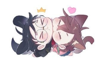 >_< 1boy 1girl ahoge animal_ear_fluff animal_ears ayase_momo biting_another's_chin black_hair black_jacket black_pants blue_skirt blush bow brown_hair cat_ears cat_girl cat_tail chibi chibi_only comimingming crossed_bangs dandadan dog_boy dog_ears dog_tail earrings gakuran glasses hair_between_eyes hetero jacket jewelry kemonomimi_mode medium_hair pants pink_sweater pleated_skirt red_bow round_eyewear school_uniform short_hair skirt sweater tail takakura_ken_(dandadan) white_background