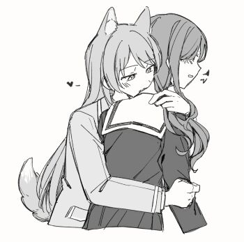 Rule 34 | 2girls, animal ears, bang dream!, bang dream! it's mygo!!!!!, blush, chihaya anon, commentary, dog ears, dog girl, dog tail, fang, greyscale, haneoka school uniform, heart, highres, jacket, jenjen, kemonomimi mode, long hair, monochrome, multiple girls, nagasaki soyo, school uniform, shirt, sidelocks, simple background, skin fang, tail, tsukinomori school uniform, untranslatable commentary, white background, yuri