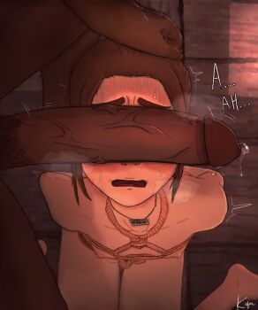 1boy 1girl age_difference arms_behind_back bdsm bondage bound breasts breath brown_hair dark-skinned_male dark_skin english_text erection feet feet_out_of_frame gabi_braun hairy hand_on_own_head highres holding_detached_head imminent_penetration imminent_rape kefra large_penis nipples nude penis penis_awe penis_on_face penis_over_eyes precum precum_string prostitution pubic_hair public_use rape rope scared shibari shingeki_no_kyojin short_hair size_difference small_breasts steam thick_eyebrows trembling veins veiny_penis wavy_mouth