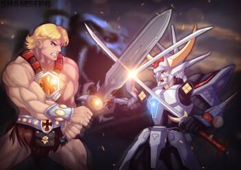 Rule 34 | 2boys, arm guards, armor, barbarian, battle, black hair, blonde hair, blue eyes, boots, castle grayskull, clash, crossed swords, crossover, double blade, dual wielding, fighting, greatsword, he-man, helmet, holding, holding sword, holding weapon, katana, long sword, manly, masters of the universe, mattel inc, multiple boys, muscular, open mouth, power armor, prince adam, retro artstyle, yoroiden samurai troopers, samurai, sanada ryou, shamserg, sidelocks, skull, sunrise (company), sword, sword of power, vs, weapon, white armor, yoroiden samurai troopers