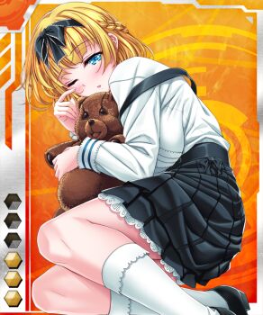 Rule 34 | 1girl, abigail (taimanin asagi battle arena), blonde hair, blue eyes, breasts, card (hr), card (medium), card (orange-hr), casual, female focus, saijou satoru, short hair, stuffed animal, stuffed toy, taimanin (series), taimanin asagi battle arena all card gallery, taimanin asagi kessen arena, teddy bear