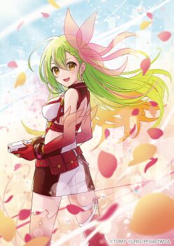 1girl cherry_blossoms dress elbow_gloves floating_hair flower gloves green_hair gun hair_ribbon highres holding holding_gun holding_weapon long_hair looking_at_viewer multicolored_hair official_art peron_(niki2ki884) pink_hair pink_ribbon red_gloves ribbon ril_(wixoss) smile solo streaked_hair thigh_strap weapon white_dress wixoss yellow_eyes