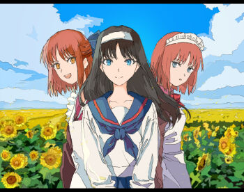 3girls apron black_hair blue_bow blue_eyes bow breasts dress flower hair_bow hairband highres hisui_(tsukihime) japanese_clothes kimono kohaku_(tsukihime) long_hair long_sleeves looking_at_viewer maid maid_apron maid_headdress multiple_girls open_mouth puffy_sleeves red_hair ribbon school_uniform shirt short_hair siblings sisters smile summer sunflower tohno_akiha tsukihime twins utayomi090909 very_long_hair white_apron white_hairband yellow_eyes