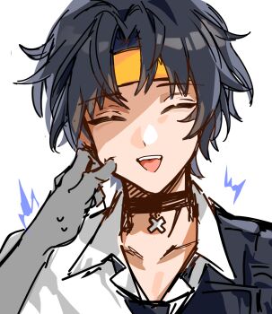 1boy 1other asaba_harumasa black_choker black_hair black_necktie cheek_pinching choker closed_eyes collarbone commentary_request headband highres kyo_uuuka male_focus motion_lines necktie open_mouth parted_bangs pendant_choker pinching portrait shirt short_hair simple_background solo_focus sweat white_background white_shirt yellow_eyes yellow_headband zenless_zone_zero