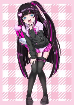 1girl absurdres bag bag_charm black_cardigan black_hair black_thighhighs blue_eyes blush bow breasts cardigan character_charm character_request charm_(object) collared_shirt commentary_request commission copyright_request garter_straps hair_ornament hair_scrunchie hairclip heart heart_hair_ornament highres large_breasts leaning_forward long_hair looking_at_viewer multicolored_hair open_mouth pink_bow pink_hair pink_nails pink_shirt pink_skirt pleated_skirt pokemoa scrunchie shirt shoes shoulder_bag skeb_commission skirt smile solo streaked_hair thighhighs tongue very_long_hair