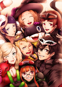 10s 3boys 4girls amamiya_ren braid crown_braid dirty dirty_face fox_(persona_5) kitagawa_yuusuke koka mask mask_on_head morgana_(persona_5) multiple_boys multiple_girls niijima_makoto noir_(persona_5) okumura_haru oracle_(persona_5) panther_(persona_5) persona persona_5 queen_(persona_5) sakamoto_ryuuji sakura_futaba skull_(persona_5) smile takamaki_anne v