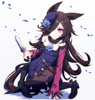 Rule 34 | 1girl, animal ears, brown hair, commentary request, dagger, hair over one eye, hat, highres, hiro (pqtks113), holding, holding dagger, holding knife, holding weapon, horse ears, horse girl, horse tail, knife, long hair, looking at viewer, purple eyes, purple hat, rice shower (rosy dreams) (umamusume), rice shower (umamusume), tail, umamusume, weapon, white background