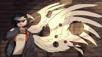1girl angel_with_a_shotgun asymmetrical_wings black_hair blue_hair blue_jacket blue_streaks bullet_hole closed_mouth commentary devi1beach english_commentary feathered_wings guilty_gear guilty_gear_strive guilty_gear_strive:_dual_rulers hair_over_one_eye hair_wings highres jacket long_sleeves looking_at_viewer meme multicolored_hair multiple_wings open_clothes open_jacket red_eyes shirt short_hair solo streaked_hair tomboy turtleneck unika_(guilty_gear) white_wings wings