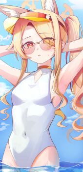 1girl above-cleavage_cutout absurdres animal_ear_fluff animal_ears beerbear_7321 bird blue_archive clothing_cutout cross_halo fox_ears fox_girl halo highres long-tailed_tit official_alternate_hairstyle one-piece_swimsuit orange-tinted_eyewear seia_(blue_archive) seia_(swimsuit)_(blue_archive) solo sunglasses swimsuit tinted_eyewear tit_(bird) white_one-piece_swimsuit yellow_halo yellow_visor