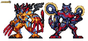 2boys aderek agumon_-yuki_no_kizuna- armor black_hair black_scarf blue_armor claws colored_skin digimon digimon_(creature) full_body gabumon_-yujo_no_kizuna- mechanical_wings multiple_boys orange_skin pixel_art red_hair scarf short_hair tail wings