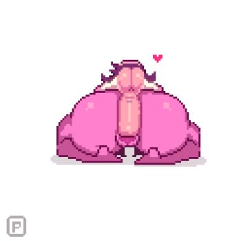 1boy 1girl colored_skin completely_nude deltarune furry furry_male furry_with_non-furry heart highres huge_penis huge_testicles interspecies long_hair looking_back nude penis pink_skin pixel_art pixzapix purple_hair ralsei sex sex_from_behind simple_background susie_(deltarune) testicles utdr_(toby_fox) white_background white_skin