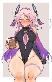1girl absurdres alcohol annoyed artist_name bare_hips bare_shoulders black_leotard blue_eyes blush breasts cameltoe center_opening citlali_(genshin_impact) closed_mouth confused covered_erect_nipples covered_navel cup dot_mouth dot_nose drunk elbow_gloves embarrassed eyelashes feet_out_of_frame female_focus fingerless_gloves genshin_impact gloves gradient_hair grey_background half-closed_eyes hiccup highleg highleg_leotard highres kuromaruart large_breasts legs_together leotard long_hair looking_at_viewer mihoyo mug multicolored_hair pink_hair purple_gloves purple_hair simple_background single_glove sitting solo thick_thighs thighs two-tone_background two-tone_hair white_background wide_hips