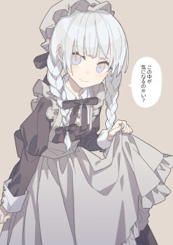 1boy absurdres amezaza apron apron_lift black_dress black_ribbon braid brown_background buttons clothes_lift crossdressing crossdressing_(mtf) dress eyebrows_hidden_by_hair grey_eyes hair_ribbon hat highres juliet_sleeves juusan_kihei_bouei_ken light_blush long_hair long_sleeves looking_at_viewer low_twin_braids maid maid_apron male_focus male_maid mob_cap neck_ribbon okino_tsukasa puffy_sleeves ribbon simple_background sleeve_cuffs smile solo speech_bubble translated trap twin_braids white_hair