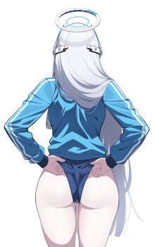 1girl absurdres adjusting_buruma adjusting_clothes ass back blue_archive blue_shirt buruma cameltoe commentary from_behind halo highres long_hair mechanical_halo noa_(blue_archive) reia_76 shirt solo thighs track_suit very_long_hair white_background white_hair white_halo