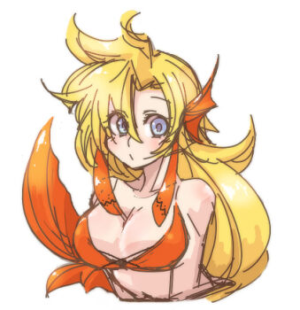 1girl bare_arms bare_shoulders bikini bikini_top_only blonde_hair blush breasts capcom cleavage female_focus fins fish_tail large_breasts long_hair looking_to_the_side lowres marty_(mega_man) mega_man_(series) mega_man_x_(manga) mega_man_x_(series) sketch solo swimsuit tail white_background
