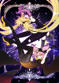 Rule 34 | 2girls, arms up, black gloves, blonde hair, boots, commentary request, dark jewel, elbow gloves, fishnet thighhighs, fishnets, full body, gloves, hair between eyes, hashtag-only commentary, highres, hinamori amu, hoshina utau, looking at viewer, multiple girls, pink hair, purple eyes, purple gloves, shugo chara!, sleeveless, thigh boots, thighhighs, twintails, yellow eyes, yuzikoz mega