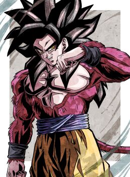 Rule 34 | 1boy, absurdres, biceps, black hair, blue sash, body fur, dougi, dragon ball, dragon ball gt, highres, looking at viewer, male focus, monkey boy, monkey tail, muscular, muscular male, pants, pectorals, red fur, saiyan, sash, solo, son goku, spiked hair, super saiyan, super saiyan 4, tail, teeth, ushi (akabec0), wristband