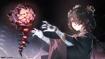 1girl :o absurdres animal animal_on_head ball black_coat black_nails braid braided_hair_rings bug buzhichun_(xinyue_tongxing) coat coin copyright_name copyright_notice dark_background double_bun green_eyes hair_bun hair_over_one_eye hair_rings hands_up highres holed_coin logo looking_at_viewer low_twin_braids official_art official_wallpaper ofuda on_head one_eye_covered solo spider twin_braids upper_body wide_sleeves xinyue_tongxing