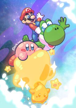 aimaay artist_name newsboy_cap commentary crossover english_commentary gloves hat highres kirby kirby_(series) long_sleeves luma_(mario) mario mario_(series) nintendo red_hat red_shirt shirt super_mario_galaxy_2 warp_star white_gloves yoshi