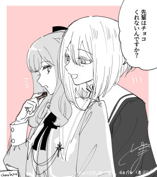 Rule 34 | 2girls, bob cut, border, chocolate, commentary request, greyscale with colored background, highres, inverted bob, long hair, long sleeves, medium hair, multiple girls, open mouth, outside border, signature, tayutau koi no chiri sai ni, translation request, upper body, white border, yuama, yuri