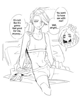 Rule 34 | 2girls, collarbone, cowboy shot, cropped legs, geeta (pokemon), greyscale, hair down, hard-translated, long hair, looking at viewer, monochrome, multiple girls, navel, nintendo, on bed, open mouth, pillow, pokemon, pokemon sv, rika (pokemon), shougo-akira, signature, sitting, skinny, speech bubble, sports bra, sweatdrop, swept bangs, third-party edit, thought bubble, translated, twitter username, underwear, underwear only, white background, yuri