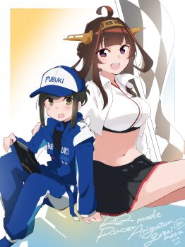 Rule 34 | 2girls, absurdres, ahoge, back-to-back, bikini, black hair, black skirt, blue hat, blue jumpsuit, breasts, brown eyes, brown hair, checkered clothes, clipboard, commentary request, cowboy shot, cropped jacket, double bun, feet out of frame, folded ponytail, fubuki (kancolle), fubuki (racecar driver) (kancolle), gold hairband, hair bun, hairband, hat, headgear, highres, jacket, jumpsuit, kantai collection, kongou (kancolle), kongou (race queen) (kancolle), kongou kai ni (kancolle), large breasts, long hair, ma rukan, miniskirt, multiple girls, official alternate costume, open mouth, popped collar, purple eyes, race queen, racing suit, round teeth, shirt, side-tie bikini bottom, skirt, swimsuit, teeth, upper teeth only, white jacket, white shirt